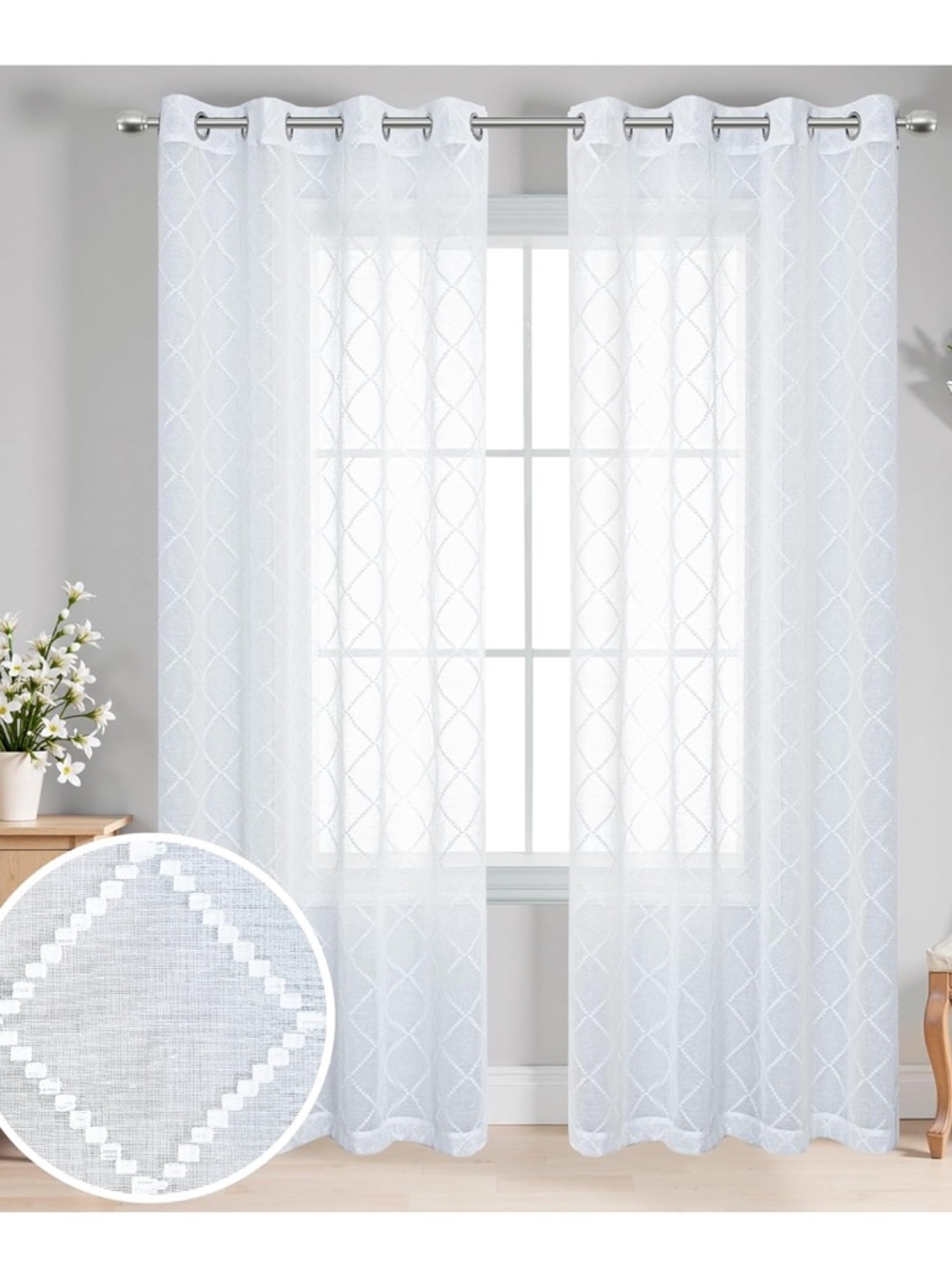 Sheer Geometric Window Curtain Panel - White